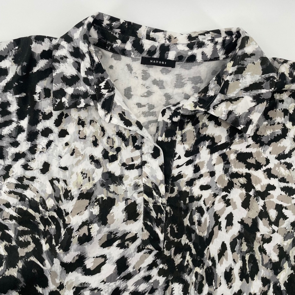 Natori Button Down Shirt Womens XL Black White Leopard Print Cotton Boxy Top